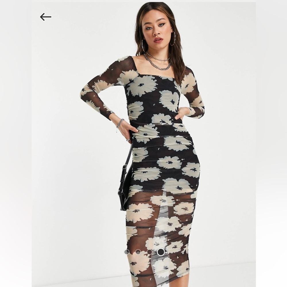 Topshop Floral Mesh Ruched Midi Dress